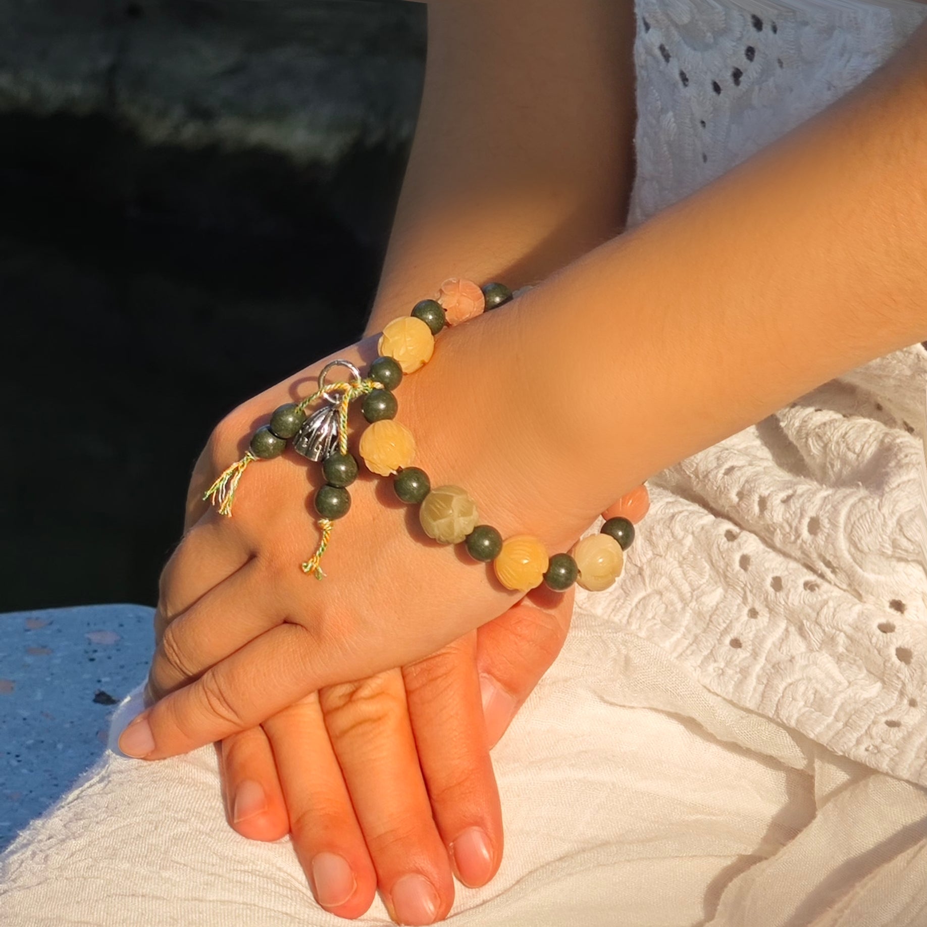 FivesSential Lotus-Ascent Wood Element Bracelet – 8mm Heal- Precious  Beads, 12mm Bodhi Lotus