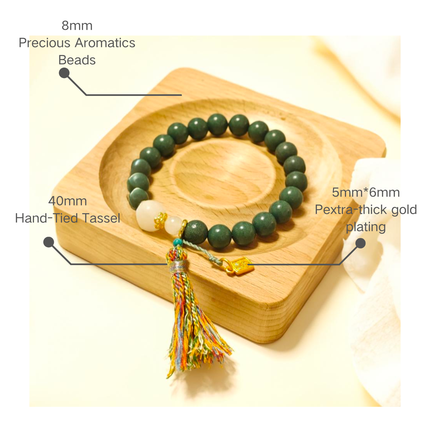 FivesSential Wood Element Precious Aromatics Growth Bracelet Charm- Handmade 8mm Sandalwood & Artemisia Beads